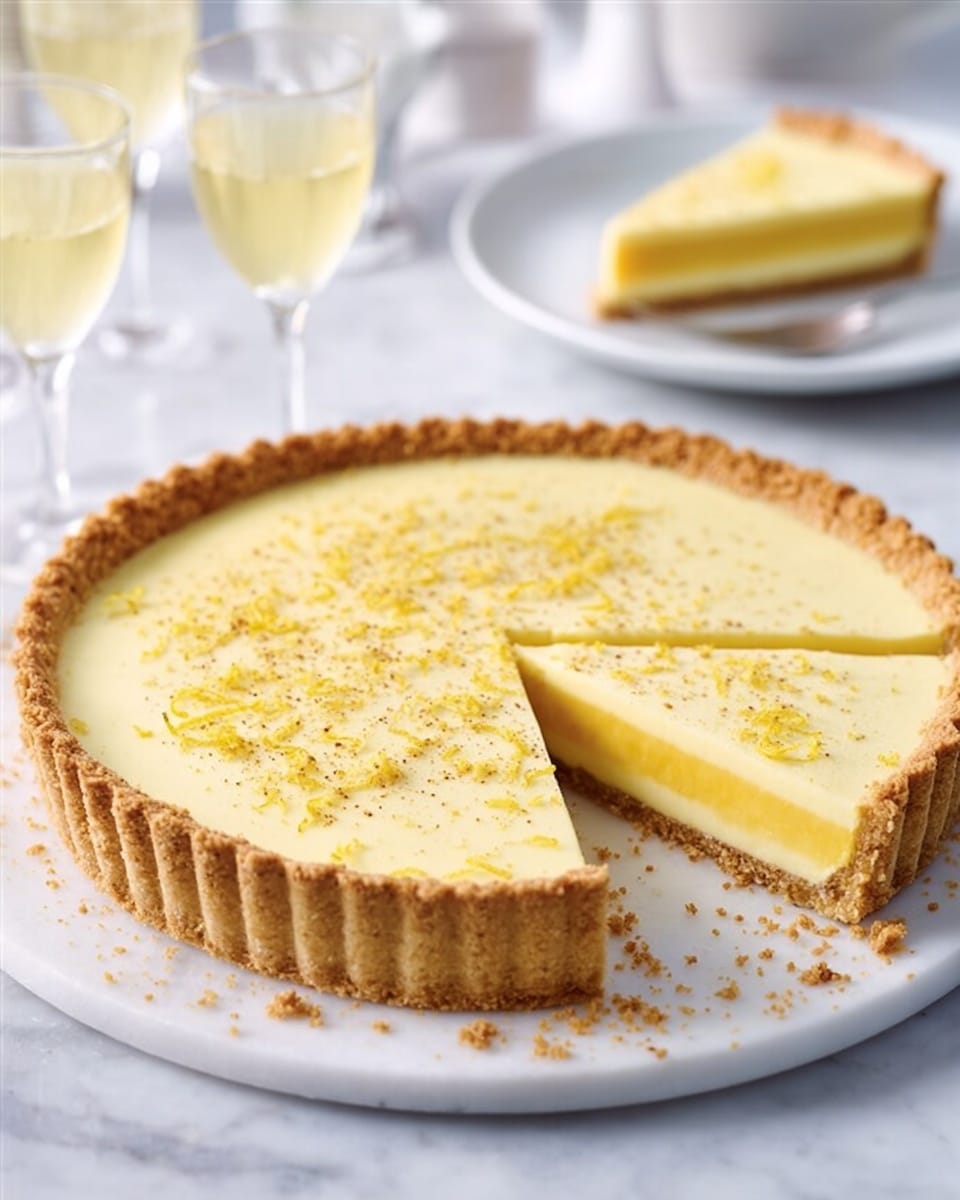The image shows a lemon tart with one slice removed, revealing two layers: a pale yellow creamy layer on top and a slightly lighter custard layer below it, both held within a golden-brown crumbly crust that forms the base and sides. The tart sits on a white plate placed on a white marbled surface. In the background, soft-focused glasses filled with a pale drink and another white plate with a small piece of the tart can be seen. The whole scene is bright and clean. Photo taken with an iphone --ar 4:5 --v 7
