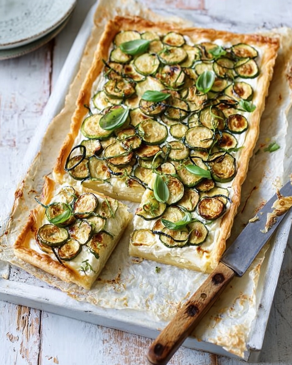 A rectangular tart with three layers lies on baking paper atop a white marbled surface. The bottom layer is a light golden, flaky pastry crust with slightly raised, uneven edges. The middle layer is creamy and white, smooth in texture. The top layer consists of round slices of cooked zucchini, golden brown with some darker grilled spots, scattered evenly across the tart, sprinkled with fresh, thinly sliced green herbs. One square piece of the tart is cut and slightly pulled away, with a woman's hand gently holding it from the bottom left side. A knife with a brown handle lies to the top left of the tart, and the overall scene has soft, natural lighting. Photo taken with an iphone --ar 4:5 --v 7
