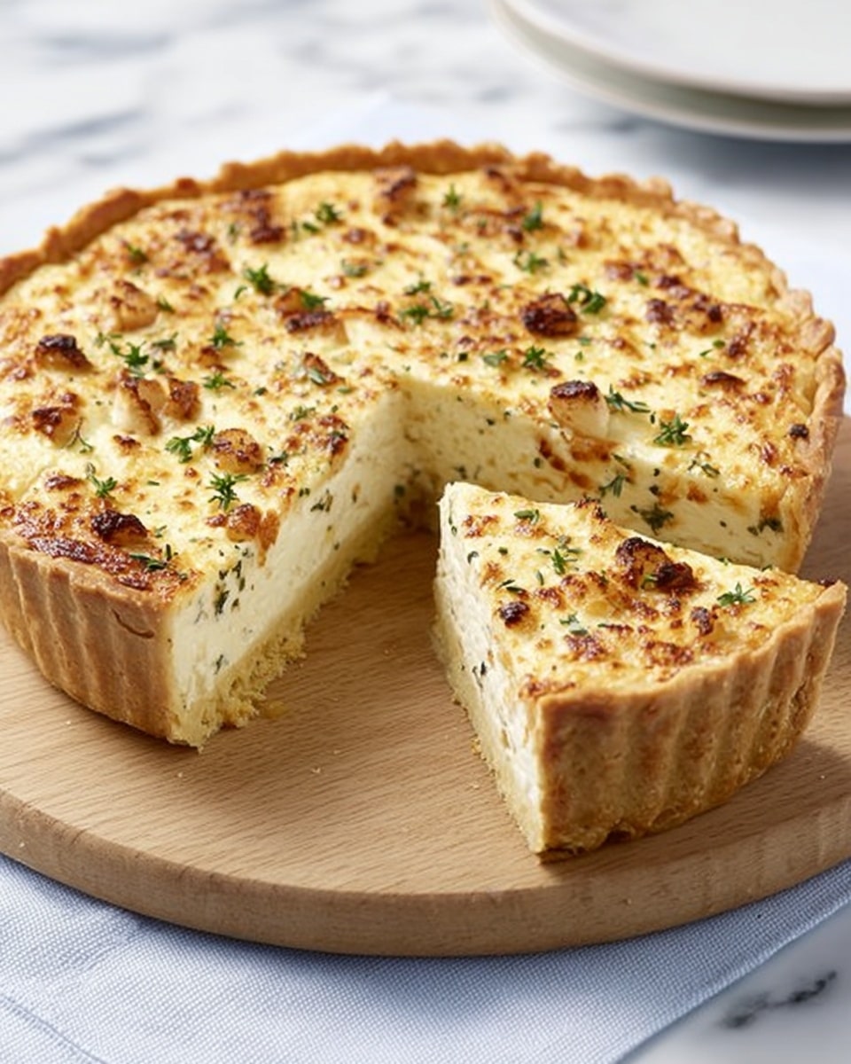 The image shows a round pie with one slice removed, revealing three layers: a light brown crust on the bottom, a thick creamy white filling in the middle, and a golden brown top layer with small browned spots and fresh green herbs sprinkled on it. The pie is placed on a round wooden board set on a white marbled surface, with some crumbs scattered nearby. photo taken with an iphone --ar 4:5 --v 7
