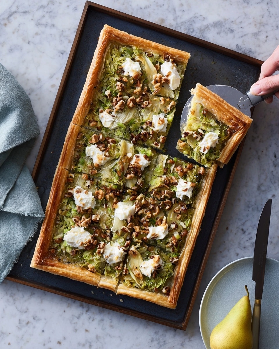 The image shows a rectangular puff pastry tart with a golden brown crust that is slightly raised at the edges. On the tart's surface, there are spread layers of a green vegetable mixture, likely cooked leeks or onions, giving a soft, textured look. Scattered over this green layer are dollops of white creamy cheese, adding a smooth, rich visual contrast. Small pieces of brown nuts or roasted seeds are sprinkled evenly on top, adding rough texture. A woman's hand is holding a metal spatula, lifting a square piece from the tart, revealing a sharp straight cut along the edges. The tart sits on a dark baking tray placed on a white marbled surface. Below the tray, there is a white plate with a yellow pear resting on a light blue-grey cloth. To the right of the tray is a dark knife. photo taken with an iphone --ar 4:5 --v 7