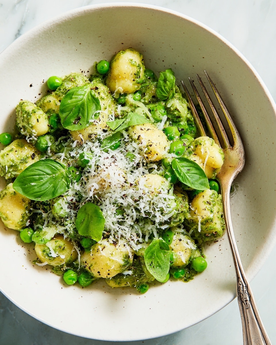 A white bowl contains about three layers of a green pesto gnocchi dish; the base layer has soft, round gnocchi coated in bright green pesto sauce mixed with green peas, followed by fresh dark green basil leaves scattered on top, and a generous sprinkle of finely grated white cheese covering part of the gnocchi. The texture looks creamy with bits of black pepper spread across, and a silver fork rests on the right side of the bowl. The bowl sits on a white marbled surface. Photo taken with an iphone --ar 4:5 --v 7