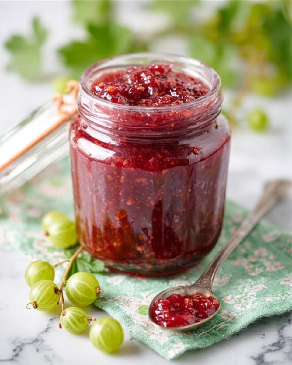 A clear glass jar with a metal clasp is filled with a thick, glossy, deep red jam that has small fruit bits visible inside. The jar is open and placed on a white marbled surface with green leaves and fresh gooseberries nearby. In front of the jar, there is a silver spoon resting with some of the red jam on it, showing a smooth and chunky texture mixed together. The lighting is soft and natural, highlighting the jam’s shiny surface and the fresh ingredients around it. Photo taken with an iphone --ar 4:5 --v 7