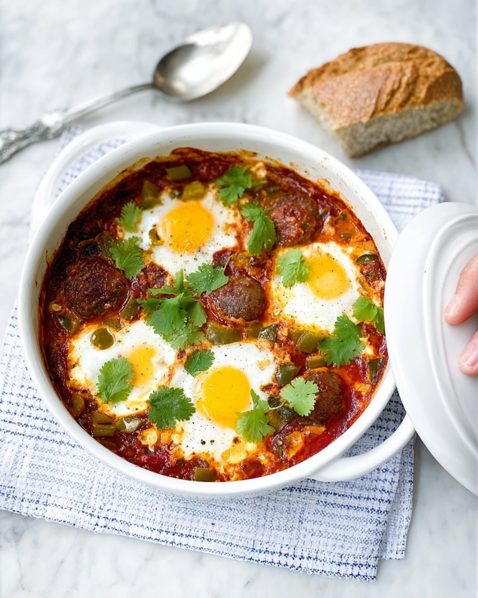 A white bowl holds a dish with a deep red tomato sauce as the base layer, mixed with chunks of green peppers and browned round sausage pieces on top. Three eggs are cooked sunny side up, with bright yellow yolks and white, slightly set edges, placed evenly in the bowl. Fresh green cilantro leaves are scattered over the top, adding a touch of color contrast. The bowl rests on a white cloth with blue grid lines, set on a white marbled surface. Next to the bowl is a shiny silver spoon and a piece of crusty brown bread. A woman's hand is lifting the white lid from the bowl, showing the meal inside. photo taken with an iphone --ar 4:5 --v 7