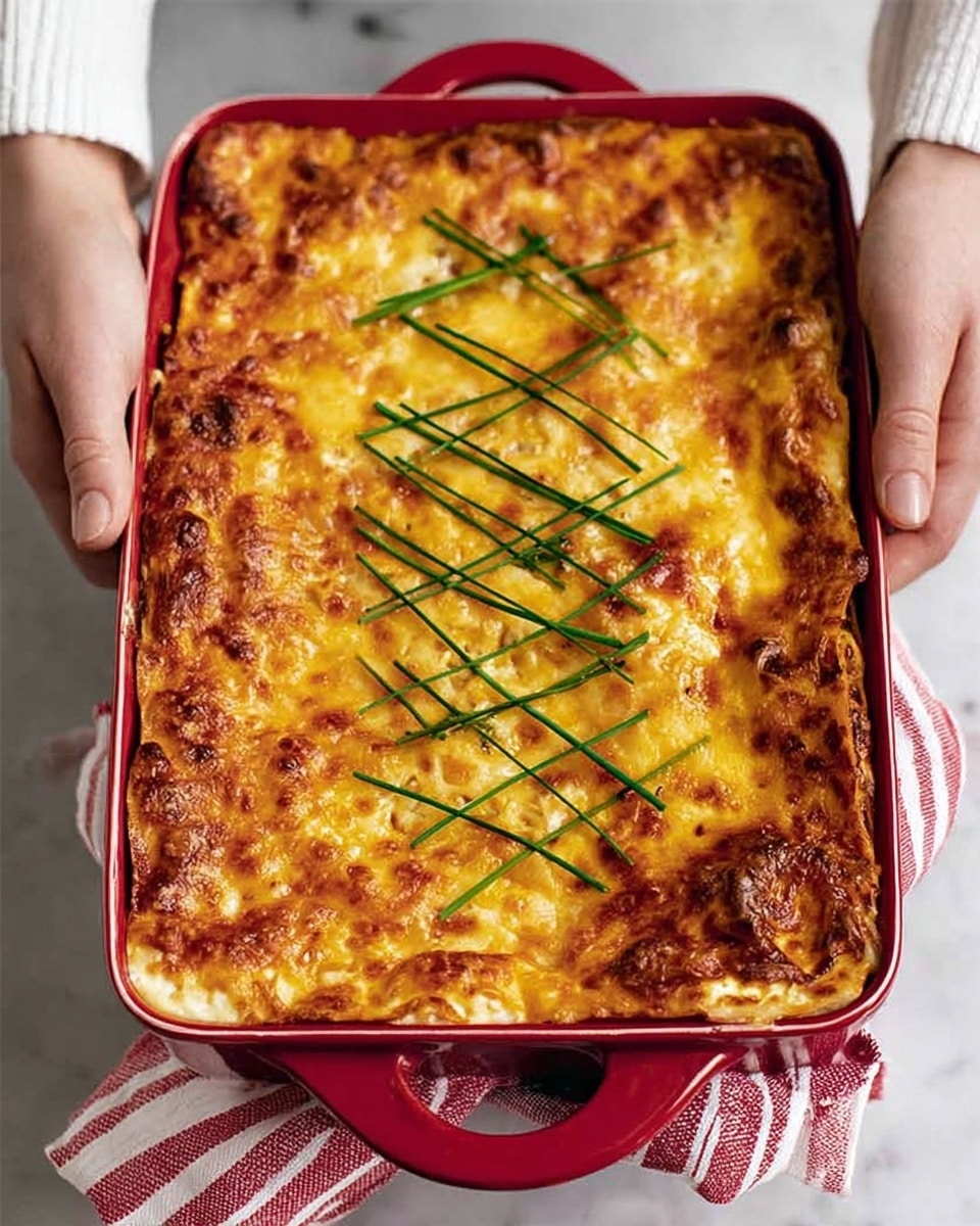 A rectangular deep dish filled with a golden brown baked lasagna that has a slightly bubbly, crispy top layer of melted cheese with some orange and light yellow shades. The lasagna is decorated with long green chives arranged in a zigzag and cross pattern on top. Two woman's hands hold the red ceramic dish with a white inside, one hand gripping the side and the other supporting from the bottom with a red and white striped cloth. The background is a white marbled surface. Photo taken with an iphone --ar 4:5 --v 7