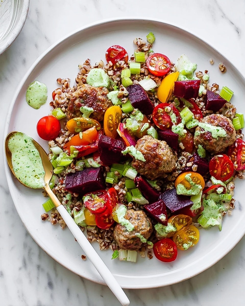 A white plate holds a colorful dish starting with a base layer of mixed grains and chopped green celery scattered unevenly. On top are vibrant purple beet cubes and slices of red and yellow cherry tomatoes spread across the plate. Three golden-browned meatballs are placed near the center. The entire dish is drizzled with a light green herb sauce dotted around and over the meatballs. A white and gold spoon with some green sauce rests on the plate’s edge against a white marbled surface. photo taken with an iphone --ar 4:5 --v 7