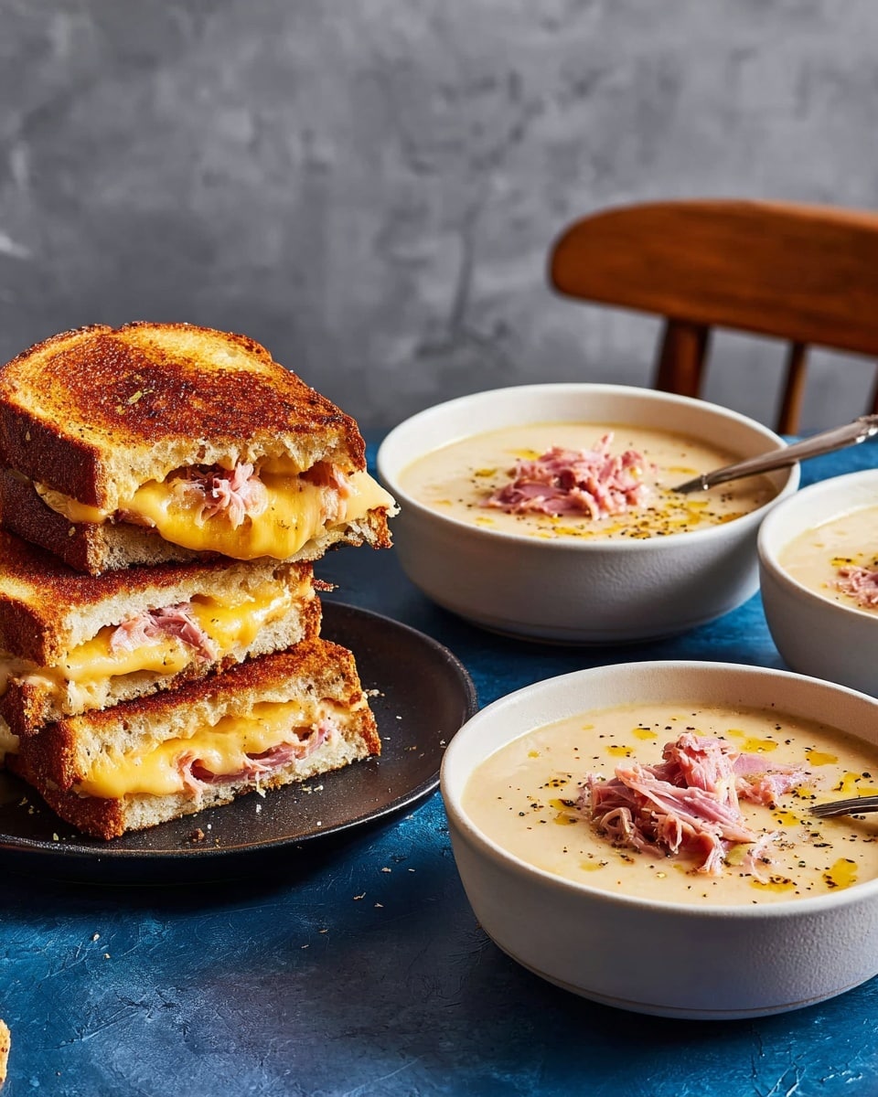 Three grilled cheese sandwiches with a golden brown crispy outer layer, each sandwich cut in half to show gooey melted cheese and pink shredded meat inside, are stacked on a dark plate. Behind the plate, there are three light gray bowls of creamy pale yellow soup with a smooth texture, topped with shredded pink meat and a drizzle of oil, with one bowl having a spoon resting inside. The setting is on a white marbled surface with a neutral gray wall in the background and part of a wooden chair visible. photo taken with an iphone --ar 4:5 --v 7