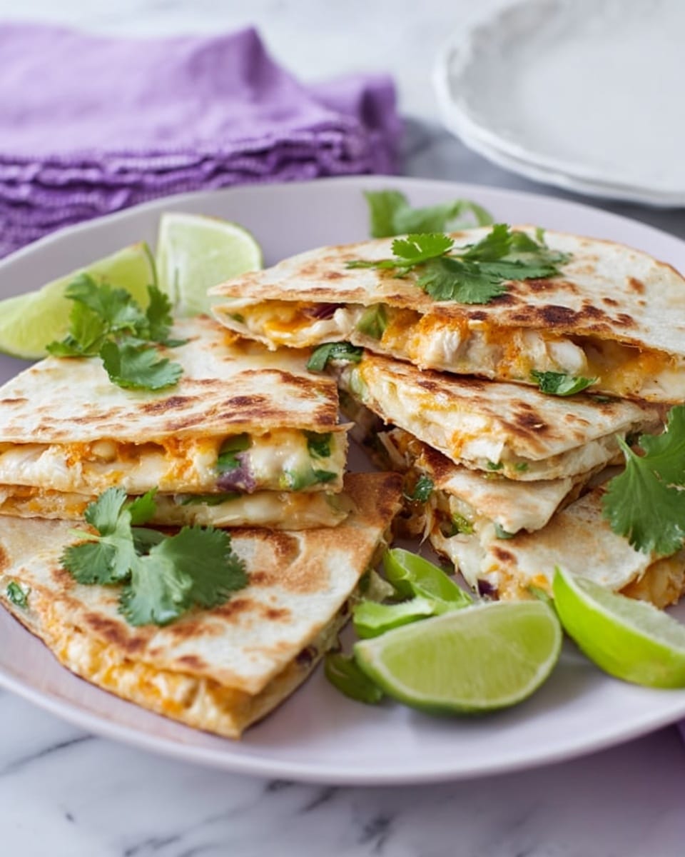 The image shows a white plate with several pieces of quesadilla cut into triangles, stacked and slightly overlapping. The quesadilla has a light golden-brown color with a slightly crispy texture on the outside, and visible melted cheese and bits of green and orange fillings inside. There are fresh green cilantro leaves placed on top and around the quesadilla pieces, along with wedges of bright green lime on the plate. The plate is set on a white marbled surface, with a blurred white plate and purple cloth napkin in the background. photo taken with an iphone --ar 4:5 --v 7