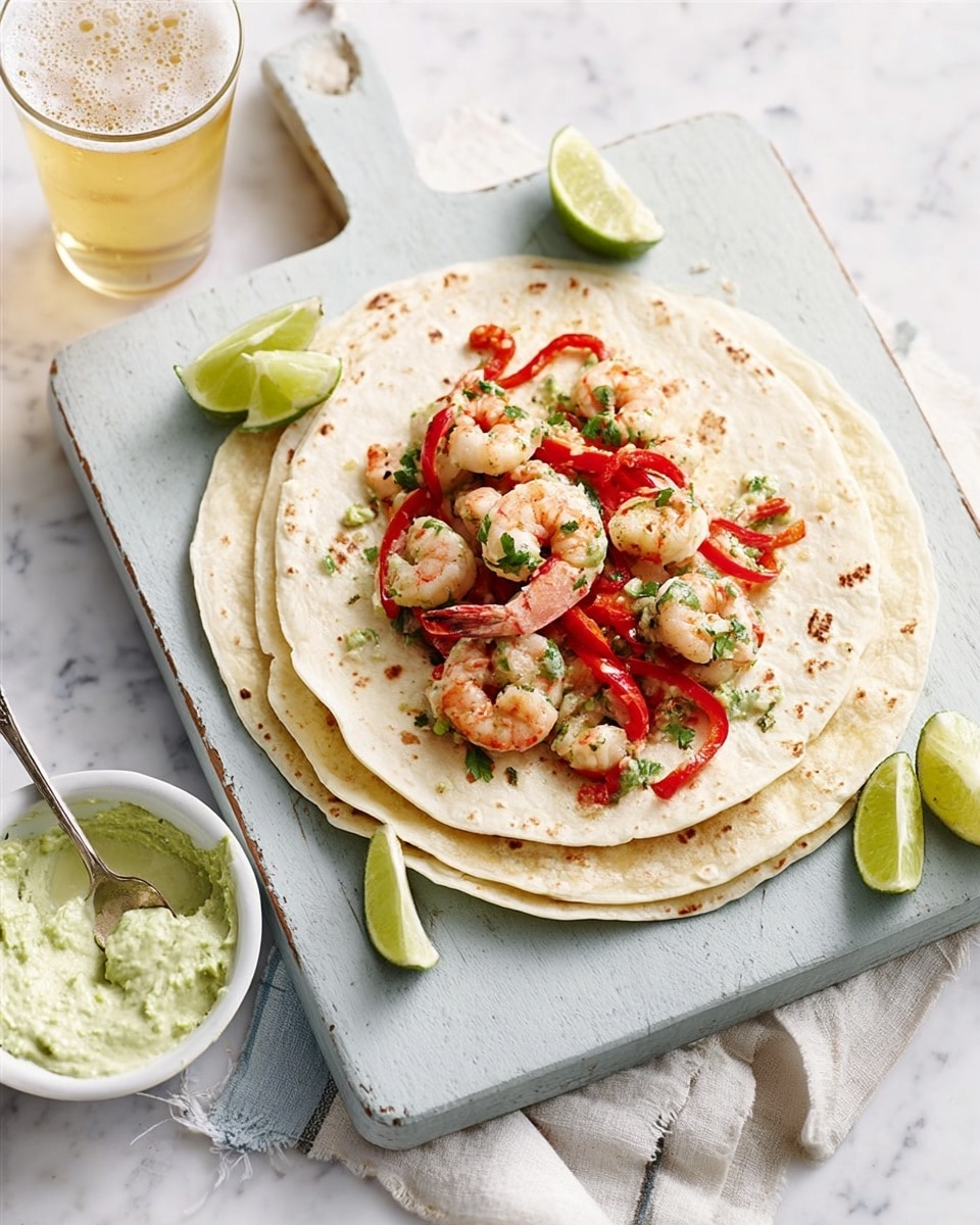 A stack of three soft white tortillas is placed on a square light gray cutting board, which is set on a white marbled surface. On top of the upper tortilla, there is a layer of small cooked shrimp mixed with thin red bell pepper strips and green herbs, scattered unevenly. A small white bowl with green creamy sauce sits to the left of the cutting board, and a glass of light beer with foam is partly visible next to it. There are also lime wedges on and near the cutting board. A silver spoon lies in front of the cutting board. Photo taken with an iphone --ar 4:5 --v 7