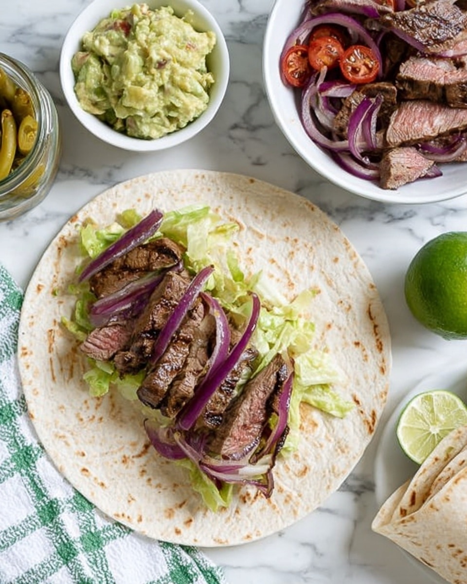 The image shows a white flour tortilla laid flat with two pieces of grilled steak placed on top. Under the steak, there is a layer of green lettuce and slices of grilled red onion that add a mix of purple color. Around the tortilla, there is a white bowl with more grilled steak and red onions, a small white bowl containing chunky guacamole with visible pieces of tomato and herbs, a glass jar filled with sliced jalapeños in pickling liquid, and a halved lime with the inside exposed, all placed on a white marbled surface with a folded cloth with a checkered green and white pattern nearby. Photo taken with an iphone --ar 4:5 --v 7