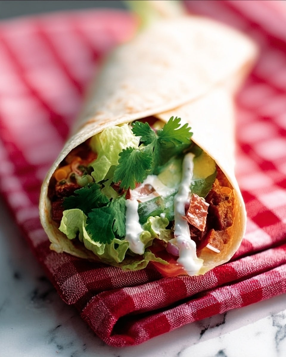 A close-up of a wrap resting on a red and white checkered cloth, placed on a white marbled surface. The wrap shows three visible layers inside: a bottom layer of diced, cooked meat in reddish-brown tones mixed with small chunks of vegetables, a middle layer of fresh green leaves of lettuce and cilantro, and a topping of white creamy sauce drizzled near the edge. The wrap is light beige, soft, and slightly folded to hold the filling snugly, with one open end showing the colorful ingredients inside. Photo taken with an iphone --ar 4:5 --v 7