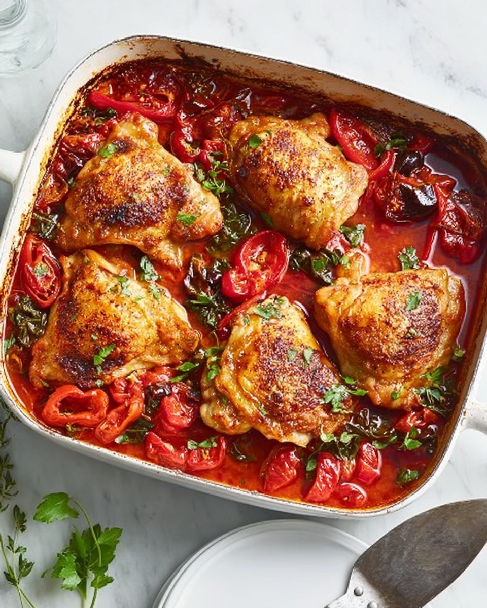 A white baking dish filled with four golden-brown cooked chicken thighs, each piece sitting on a vibrant red tomato sauce with visible chunks of tomatoes and slices of roasted red peppers. There are fresh green herbs scattered on top, adding a touch of freshness to the rich, slightly oily sauce. The chicken skin looks crispy and textured, with some darker browned edges. The dish is placed on a white marbled surface, with a white plate and a metal spatula in the bottom right corner, and a few sprigs of green herbs on the surface nearby. Photo taken with an iphone --ar 4:5 --v 7