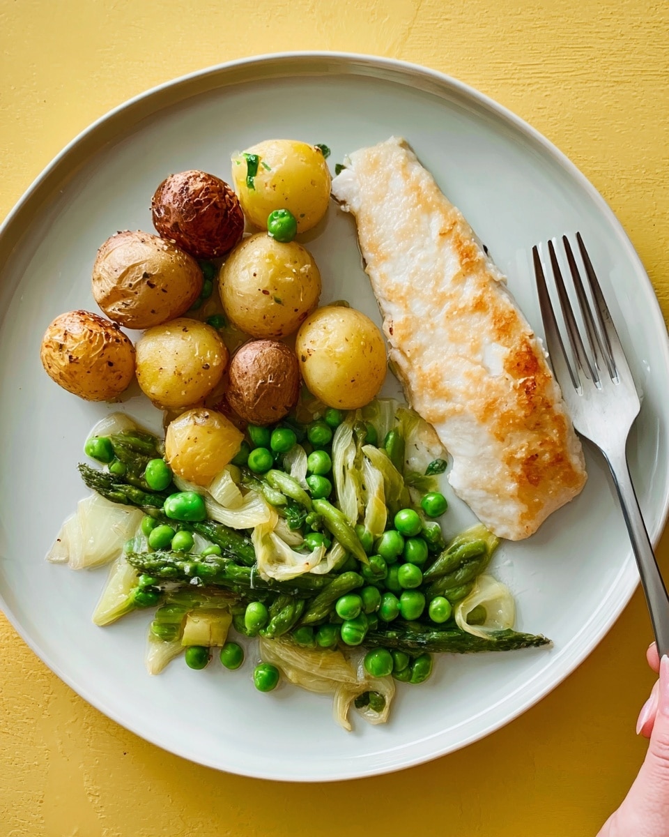 The image shows a white round plate with a cooked chicken breast as the main layer in the center, light golden brown and smooth in texture. Around the chicken, there are several chunks of roasted potatoes with a crisp, brown skin and soft yellow inside. Next to the potatoes are green steamed asparagus spears, bright and vibrant, some trimmed. The plate also has scattered fresh green peas and a mix of sautéed greens and sliced pale green leeks, creating a mix of soft and tender textures at the bottom left. The plate sits on a white marbled surface with a glass of lemon water to the upper left and a fork on the right side. photo taken with an iphone --ar 4:5 --v 7