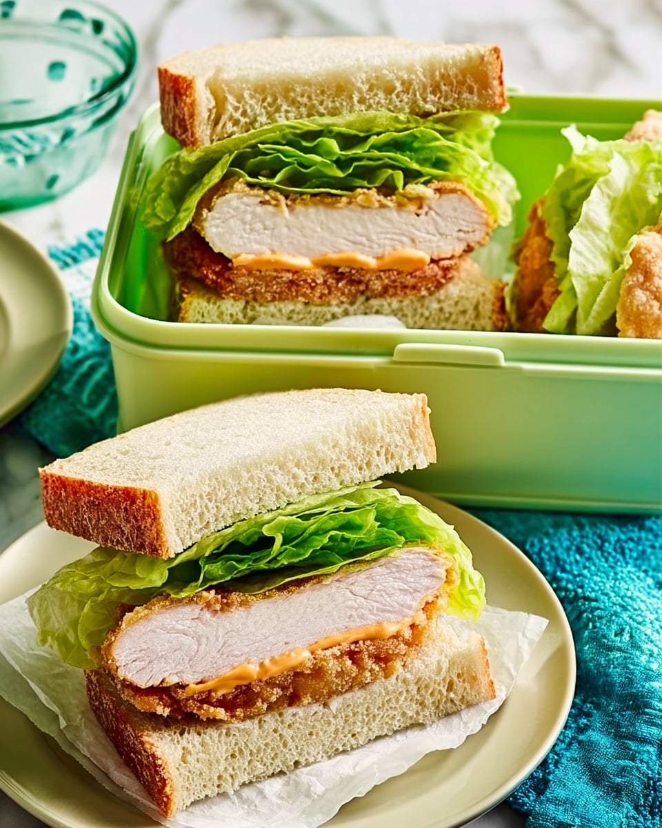 The image shows a white lunchbox with two halves of a chicken sandwich inside, each sandwich has three visible layers: a soft white bun on the top and bottom, crisp green lettuce in the middle, and a thick piece of grilled chicken breast with a slight golden brown outside just below the top bun. Next to the lunchbox on the right side, there is another half sandwich with a crispy fried chicken piece and lettuce inside a white bun, all placed on a white plate on top of a woven mat. The background surface is a white marbled texture with a hint of a blue cloth beneath the lunchbox. photo taken with an iphone --ar 4:5 --v 7