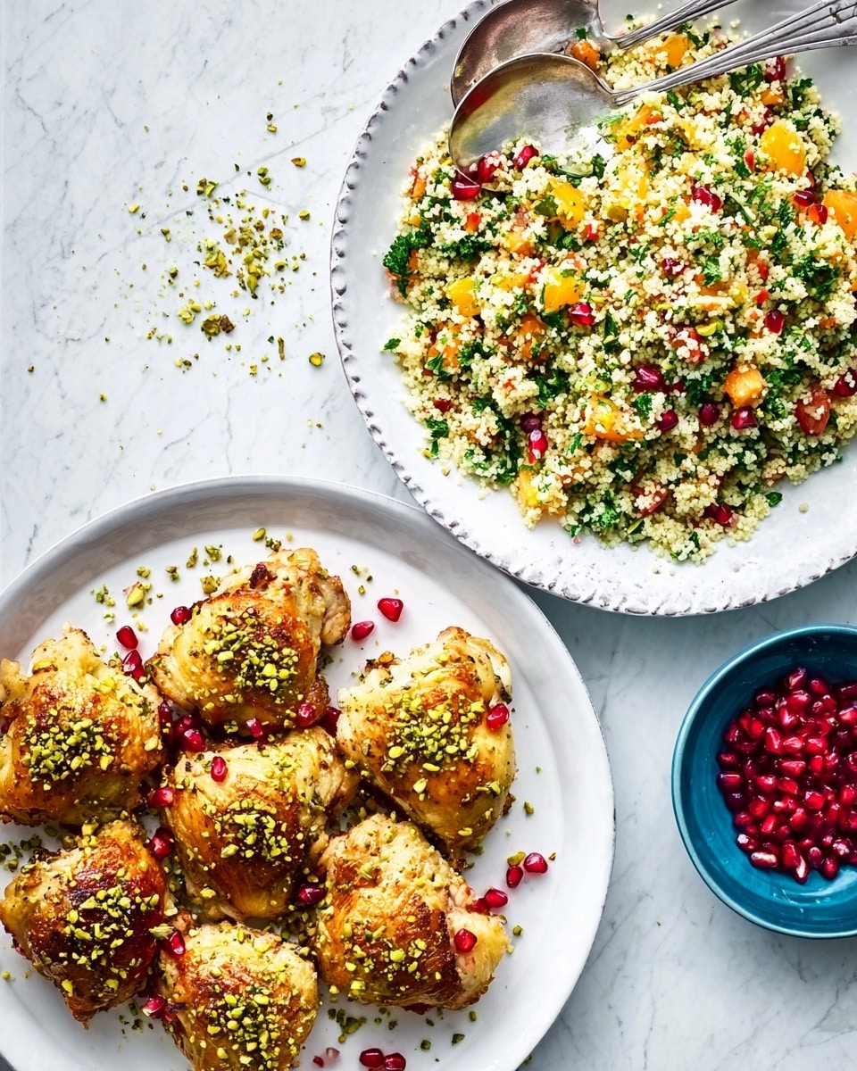 The image shows two white plates on a white marbled surface. The top plate is filled with colorful couscous salad made of small grains mixed with bright green herbs, orange chunks, and red pomegranate seeds scattered evenly throughout. Two silver spoons rest on the edge of the plate, with some couscous grains spilled nearby. Below it, the other white plate holds seven pieces of golden-brown roasted chicken topped with crushed green pistachios, arranged in two rows. To the side is a small blue bowl filled with red pomegranate seeds, adding color contrast. Photo taken with an iphone --ar 4:5 --v 7