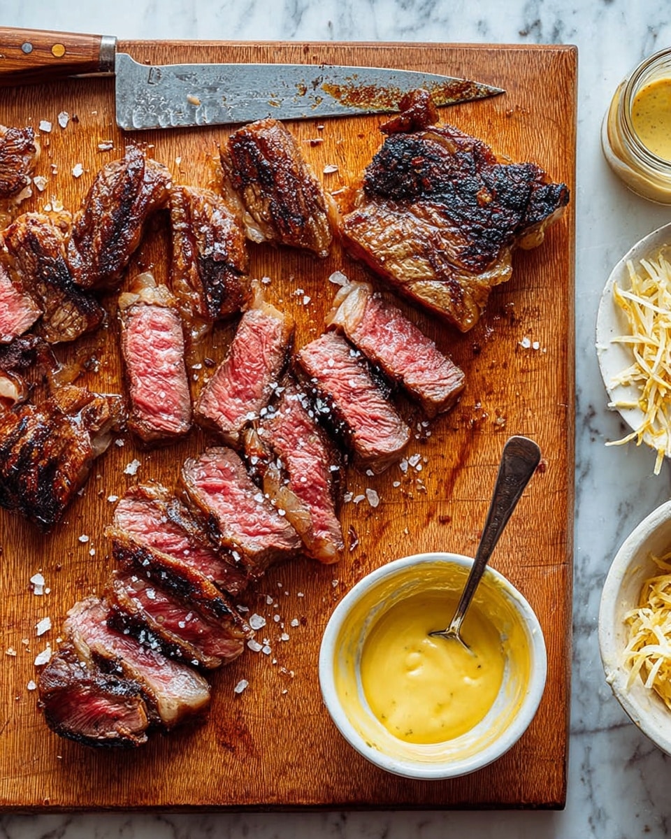 A wooden cutting board holds a sliced steak cooked to medium-rare with a dark brown crust and pink center, some pieces showing marbled fat. The steak is cut into uneven strips and arranged casually on the board. Large grains of salt scatter over the meat. A small white bowl with a silver spoon contains a creamy yellow mustard sauce placed to the right of the steak. Next to the bowl there is a small jar of mustard and a white bowl with pale shredded cabbage. A knife with a wooden handle rests on the top left corner of the cutting board. All items are placed on a white marbled surface. Photo taken with an iphone --ar 4:5 --v 7