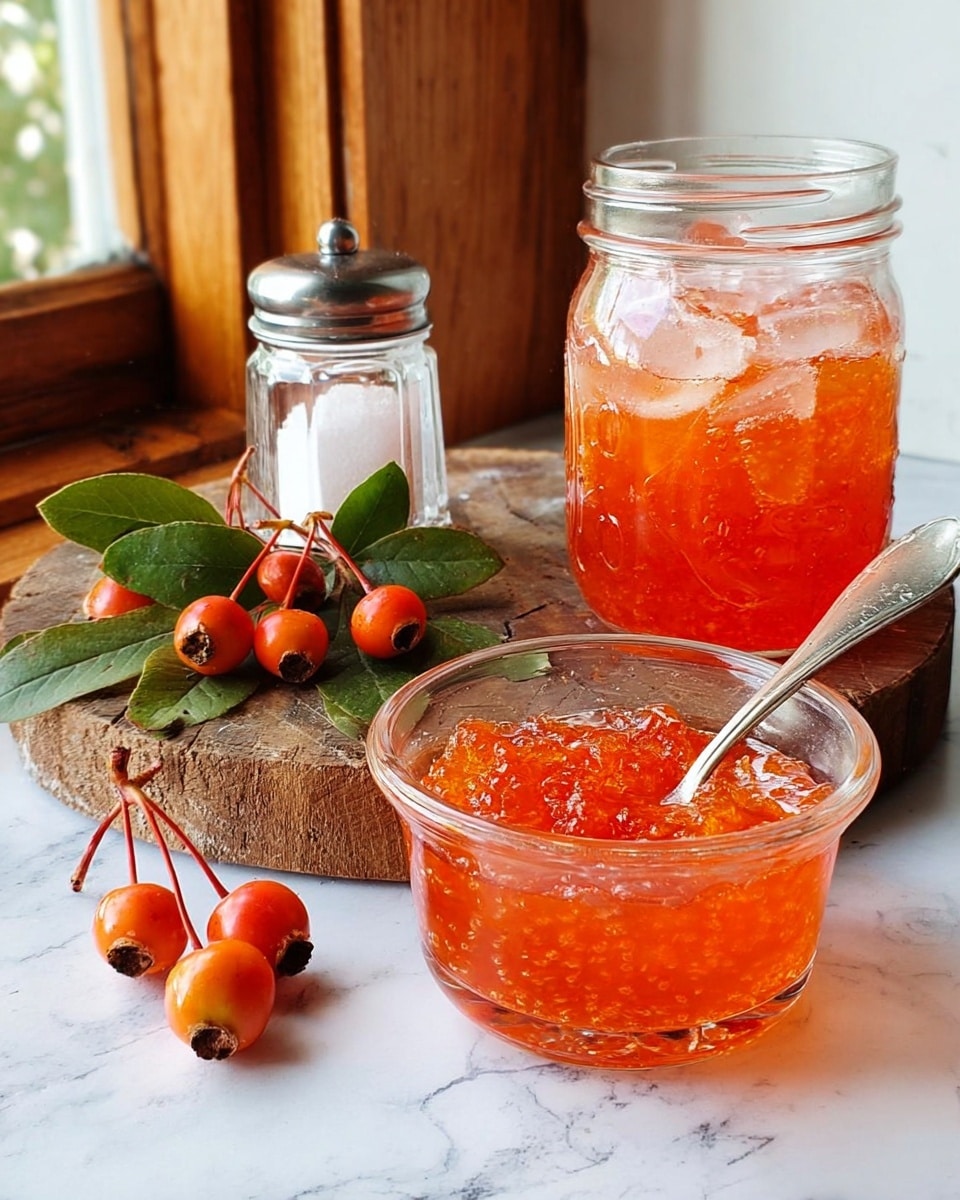 A clear glass bowl filled with bright orange jelly that has a chunky texture, with a silver spoon resting inside. Behind it, there is a glass jar filled with the same orange jelly and ice cubes at the top. Next to the jar are small red-orange crabapples with green leaves still attached, sitting on a worn wooden round board. A clear glass salt shaker with a metal top is placed behind the bowl, and the background shows a wooden window frame and a white wall, all set on a white marbled surface. Photo taken with an iphone --ar 4:5 --v 7