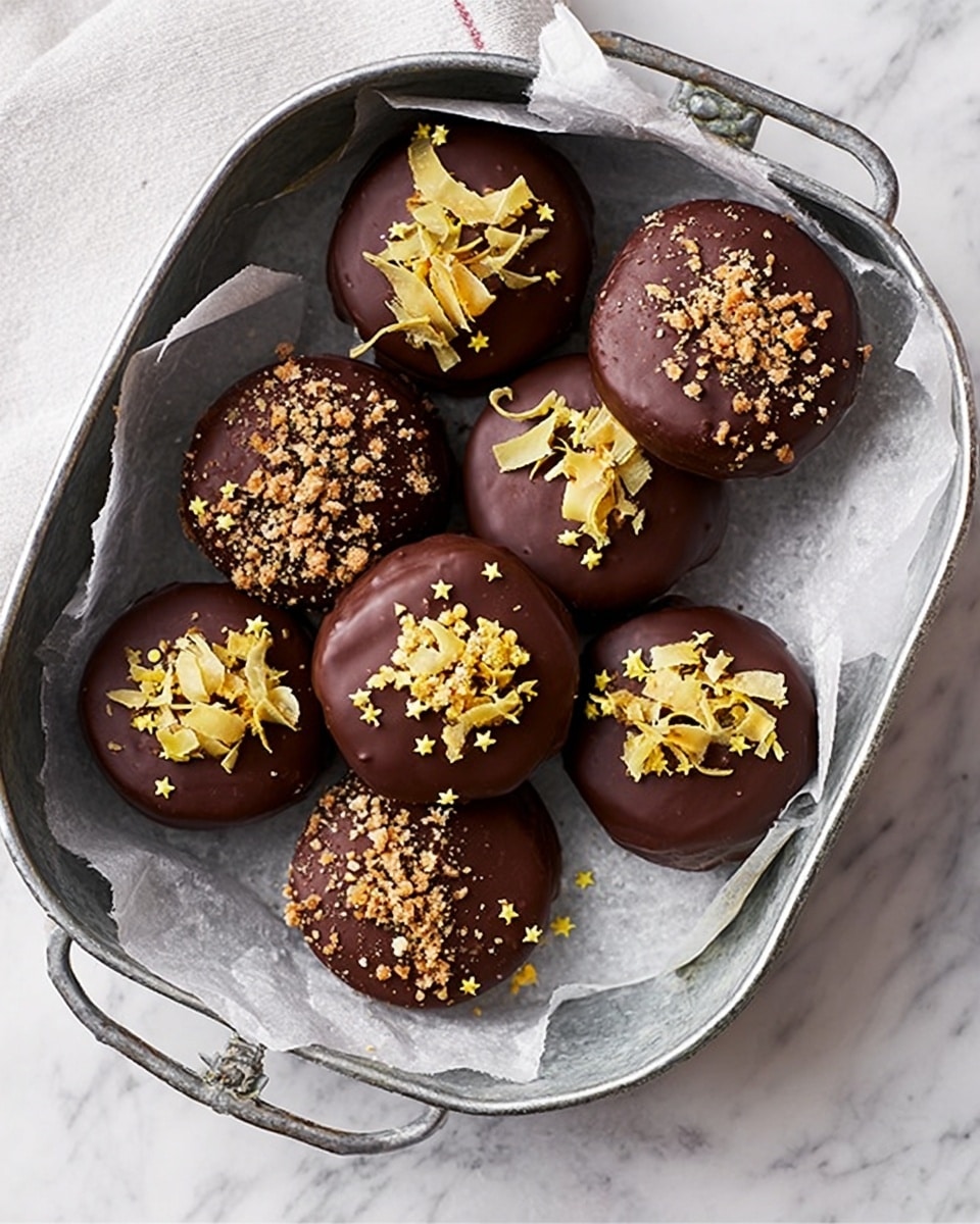 A metal tray lined with crumpled paper holds eight round chocolate treats, each topped with different small decorations. The treats have a smooth, dark brown chocolate layer covering them, with some topped with tiny yellow star shapes, others with light yellow stick-like pieces, and a couple with crunchy brown bits. The tray sits on a white marbled surface, and the overall look is neat but cozy. photo taken with an iphone --ar 4:5 --v 7