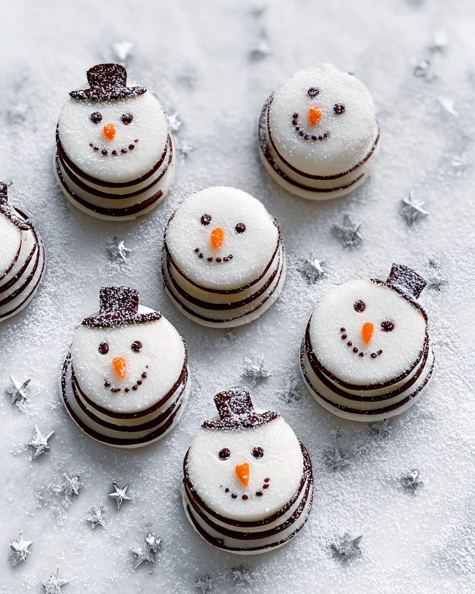 The image shows six small snowman-shaped treats arranged softly on a white marbled surface dusted with powdered sugar. Each snowman has three white, smooth, round layers stacked to form the body, with fine dark chocolate lines neatly dividing each layer. Their faces are decorated with tiny dark chocolate dots for eyes and mouths, and small orange pieces shaped as carrot noses. Some cracks and slight texture can be seen on the white layers, giving a handmade feel. Tiny silver star-shaped sprinkles are scattered around the snowmen, adding a festive look. Photo taken with an iphone --ar 4:5 --v 7
