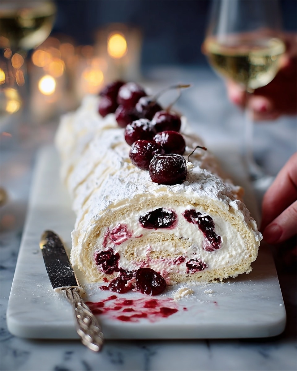 The image shows a rolled dessert on a long, white rectangular plate with a slice cut from one end, revealing layers inside. The outer layer is a pale cream color with a powdery texture, dusted with white powdered sugar. Inside, there are swirled layers of white cream and bright red cherry filling, some cherries are whole and sitting on top of the roll, adding a glossy dark red contrast. The dessert surface looks soft and slightly cracked. Beside the plate is a silver knife with some cherry filling on it, and a woman's hand is gently holding a slice. The background features soft glowing candles and a glass of white wine, set on a white marbled surface. photo taken with an iphone --ar 4:5 --v 7