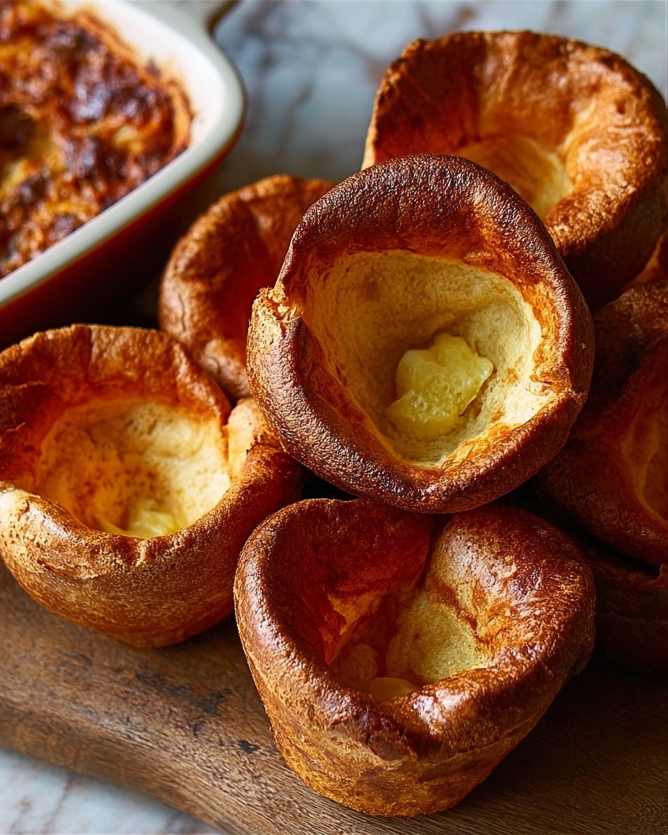 The image shows a pile of six golden brown Yorkshire puddings with a light, airy texture and crispy edges. The puddings have a slightly uneven, puffed-up shape with hollow centers showing a soft, pale yellow inside. They are stacked casually on a wooden board with a rough surface. To the left, there is a white tray with some stuffing or baked dish showing a browned, crumbly top layer. The whole scene sits on a white marbled surface, giving a clean and bright background. The lighting is warm, highlighting the golden tones of the puddings and the rich texture of the food nearby. photo taken with an iphone --ar 4:5 --v 7