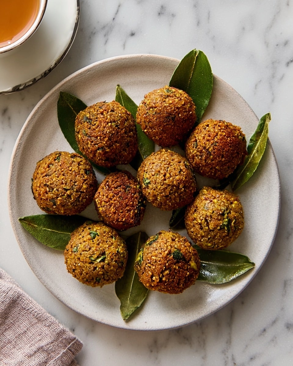 A white plate holds nine round, golden-brown falafel balls with a slightly rough texture, arranged closely together. Bright green, glossy curry leaves are placed artistically on and around the falafel, adding a fresh contrast to the warm tones of the balls. The plate sits on a white marbled surface with soft natural lighting that highlights the crispy edges of the falafel. photo taken with an iphone --ar 4:5 --v 7