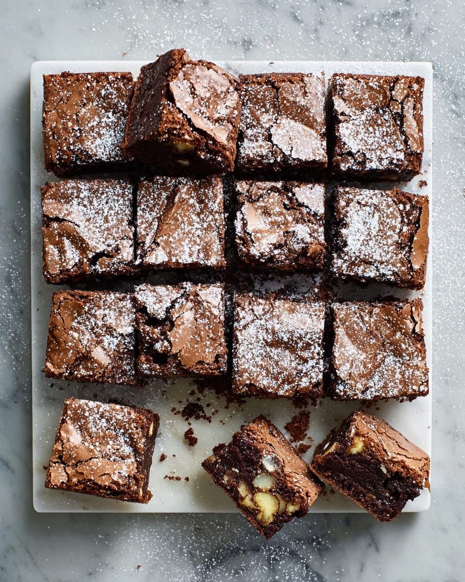 A white marble board holds sixteen square pieces of chocolate brownies arranged in a loose grid. Each brownie has a cracked top dusted with white powdered sugar, showing a dark brown crust. Some pieces reveal layers inside with swirls of cream cheese that are light yellowish-white and soft in texture. A few brownie pieces are pulled slightly away from the main group, showing gooey, chewy insides. The background is a white marbled texture, adding brightness to the rich, dark brownie colors. Photo taken with an iphone --ar 4:5 --v 7