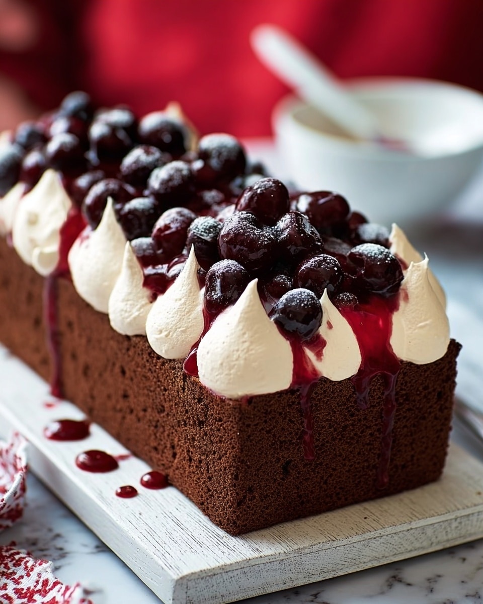 A rectangular chocolate cake sits on a white wooden board placed on a white marbled surface. The cake has one thick, dark brown layer with a soft texture. On top, there is a thick layer of smooth, creamy white whipped topping with gentle swirls. Bright red cherry sauce drips down the sides of the whipped layer, and whole dark red cherries are scattered on top evenly. The background includes a blurred red shirt and a white spoon in a white bowl. Photo taken with an iphone --ar 4:5 --v 7