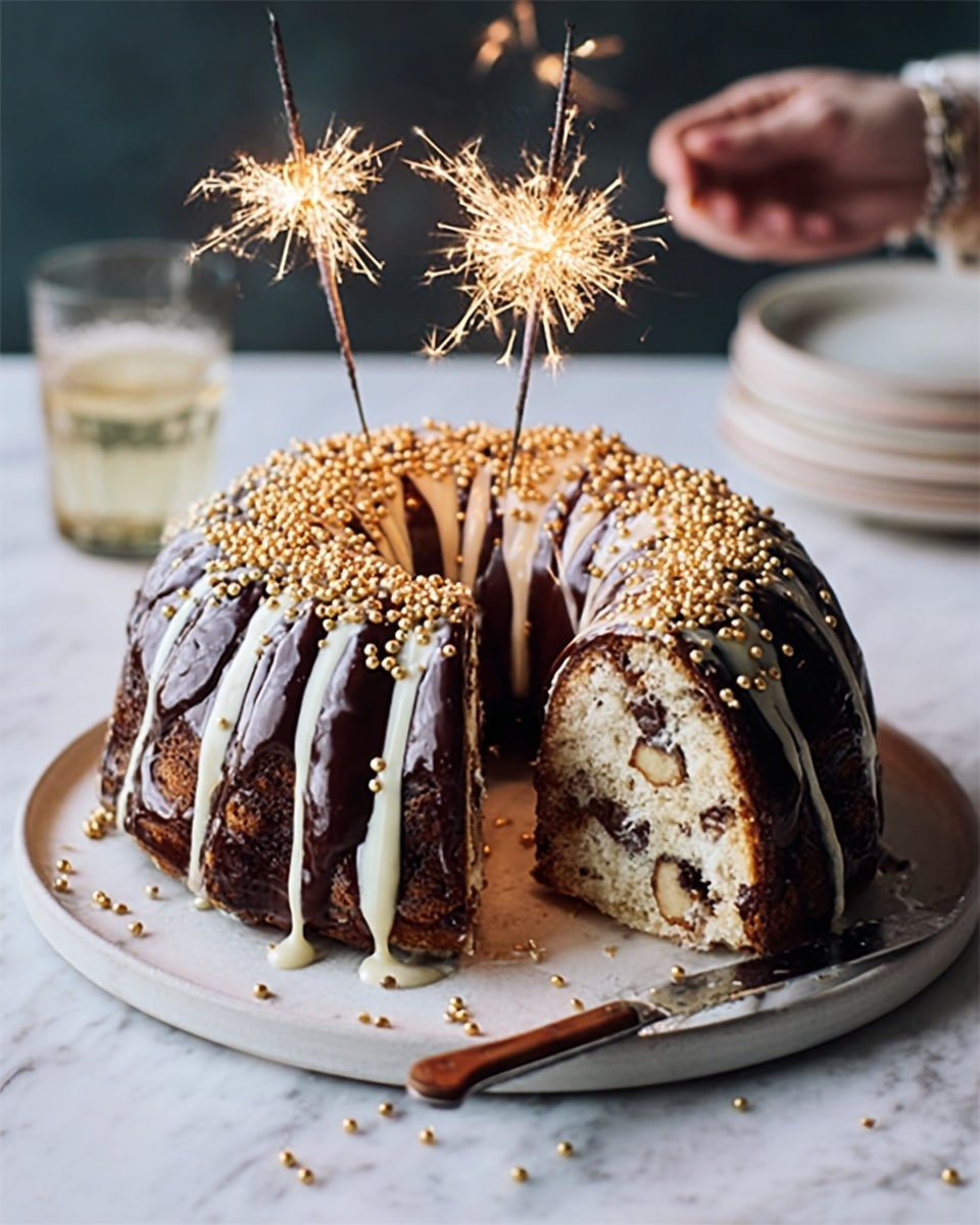 The image shows a round dome-shaped cake with a glossy dark chocolate outer layer covered in white chocolate drizzle forming thin, uneven lines that flow down the sides. The top of the cake is decorated with small golden balls and star shapes, with four lit sparklers adding bright sparks and light. One slice is cut out, revealing a white cream layer inside with chunks of dark chocolate embedded, creating a contrast between the dark outer shell and the light inner filling. The cake sits on a white plate on a white marbled surface, with a knife next to the plate and a glass blurred in the background. photo taken with an iphone --ar 4:5 --v 7