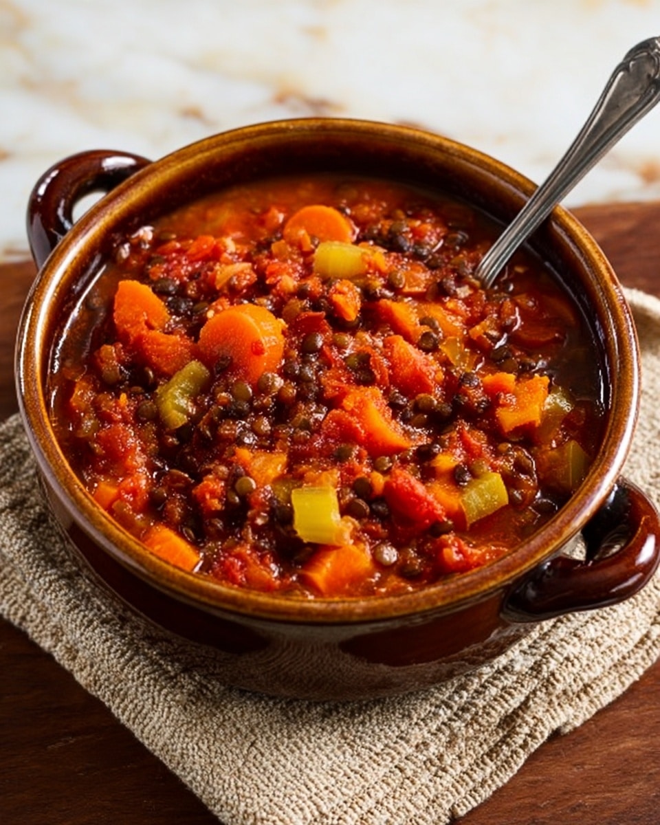 A round brown ceramic bowl with two small handles holds a thick stew. The stew has three main layers: the bottom layer is chunky with orange carrot slices and light green celery pieces, the middle layer is a mix of dark brown lentils or beans, and the top layer has bright red tomato sauce with visible bits of carrot and celery, creating a rich, colorful texture. A silver spoon rests inside the bowl on the right side. The bowl sits on a piece of light tan woven cloth on a white marbled surface. Photo taken with an iphone --ar 4:5 --v 7