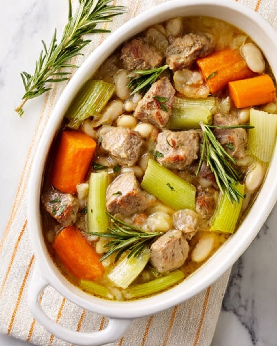The image shows a white oval dish filled with a stew made of large chunks of carrot and leek standing upright, along with pieces of cooked meat and white beans. The carrots are bright orange with a smooth texture, the leeks are pale green with layered rings, and the meat is brown and tender-looking. The stew liquid is light and clear, pooling around the ingredients. The dish is placed on a white marbled surface with a striped cloth partially visible underneath. photo taken with an iphone --ar 4:5 --v 7