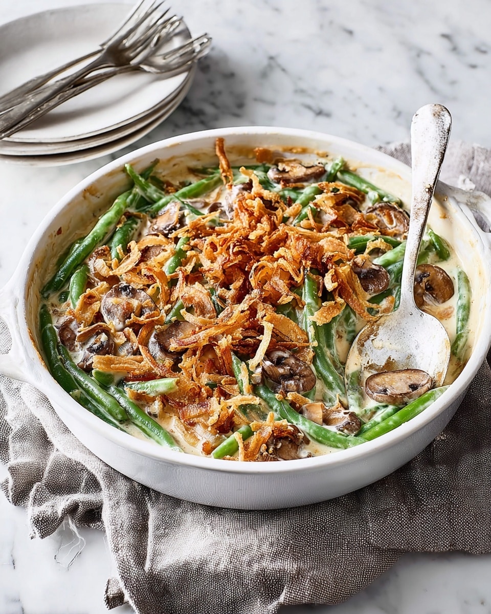 A round white ceramic casserole dish filled with a creamy green bean casserole, showing three main layers: a bottom layer of whole green beans with a smooth, shiny green surface, a middle layer of creamy white sauce mixed with sliced brown mushrooms, and a top layer of golden-brown crispy fried onions scattered unevenly, giving a crunchy texture. The casserole dish sits on a wrinkled gray cloth on a white marbled surface. Nearby, there is a silver serving spoon with a white handle that has some food stains, and a stack of white plates with forks and a folded light gray napkin in the background. Photo taken with an iphone --ar 4:5 --v 7