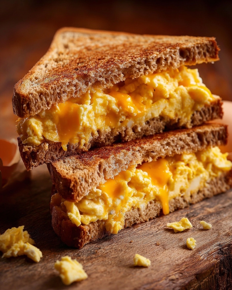 A close-up of a sandwich cut diagonally into two halves, showing three layers: the top and bottom layers are toasted brown whole grain bread with a rough texture, and the middle layer is yellow scrambled eggs mixed with melted cheddar cheese, which appears soft and slightly oozing out. The sandwich rests on a rough wooden surface with some small egg pieces scattered around. photo taken with an iphone --ar 4:5 --v 7