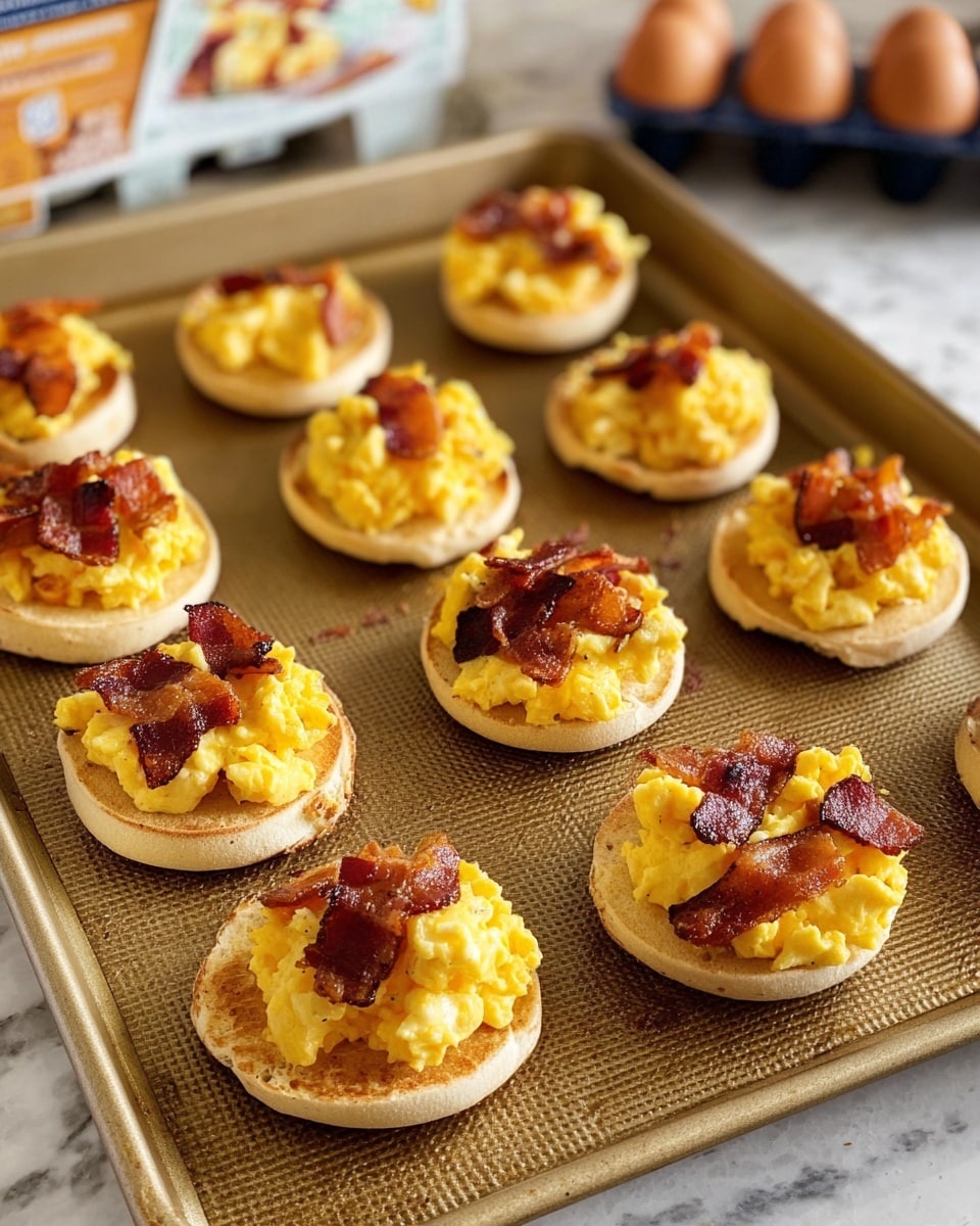 The image shows eight breakfast sandwiches on a baking tray, each made with a toasted English muffin base. The first layer is the golden-brown toasted muffin, topped with a fluffy layer of bright yellow scrambled eggs. On top of the eggs, there is melted orange cheddar cheese, and the sandwiches are finished with crispy reddish-brown bacon pieces scattered on top. The tray is metal and textured, placed on a white marbled surface with egg cartons blurred in the background. photo taken with an iphone --ar 4:5 --v 7