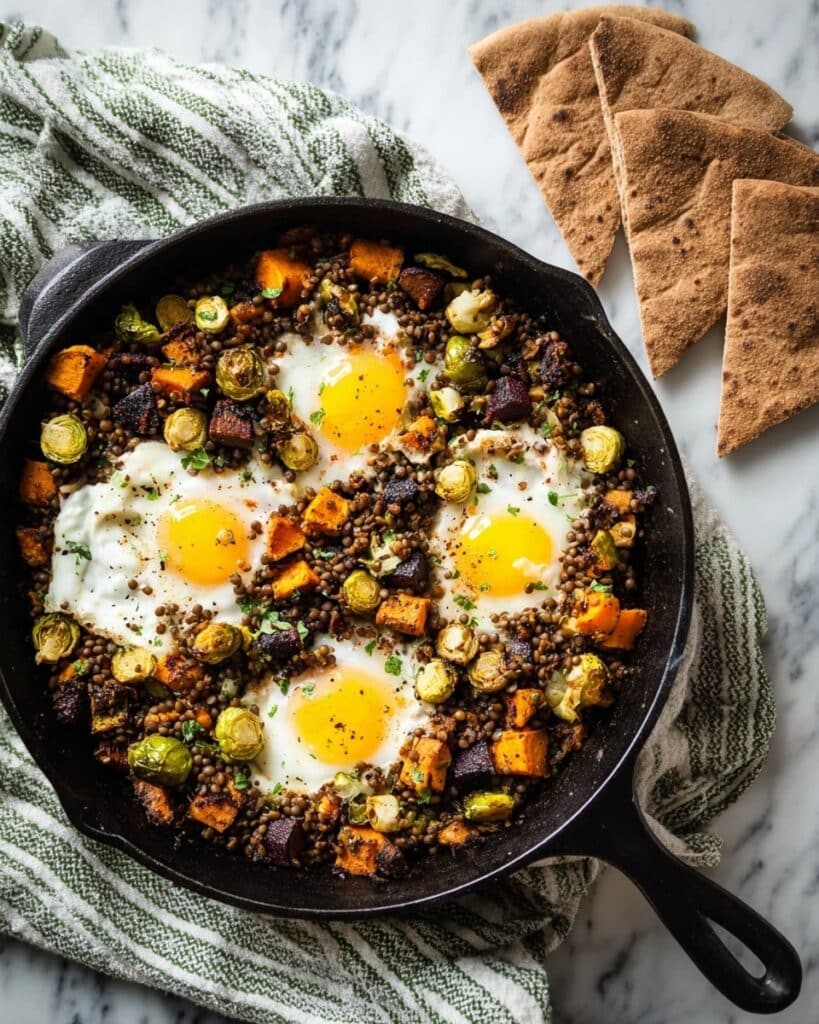 Sweet Potato and Brussels Sprouts Breakfast Bowls with Lentils and Poached Eggs Recipe