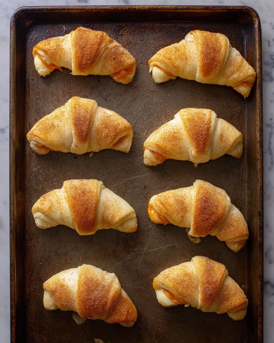The image shows eight crescent-shaped rolls baked on a dark, slightly worn baking sheet, spaced evenly in two rows of four. Each roll has a golden-brown outer layer with slight uneven coloring and rough texture, showing a soft, baked dough wrapped around an inner layer of orange filling peeking through in some spots. The tops of the rolls are lightly sprinkled with a fine, darker powder, likely cinnamon or sugar, enhancing their textured surface. The dough looks fluffy and soft, with some folds and creases visible. The background is replaced with a white marbled texture for the scene. Photo taken with an iphone --ar 4:5 --v 7