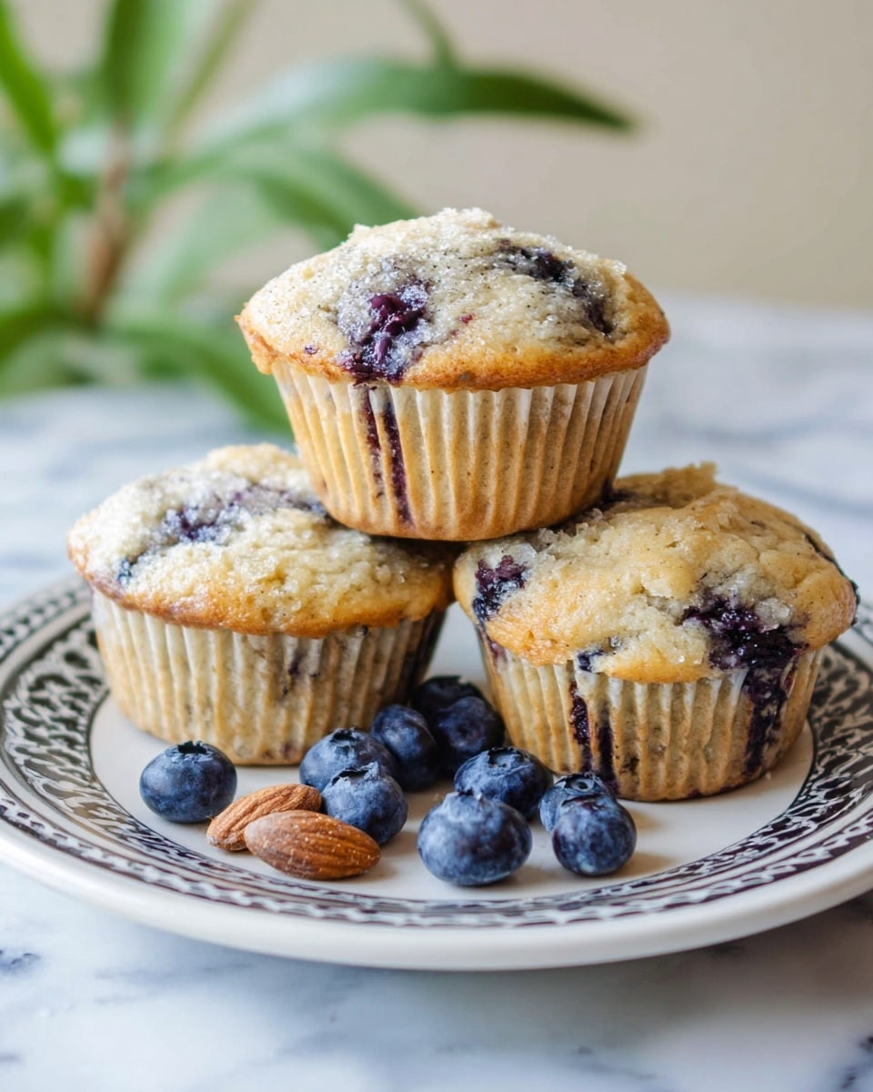A stack of three blueberry muffins is placed on a white plate with a black patterned rim. The muffins have a light golden-brown color with visible dark purple blueberries embedded in the soft, slightly crumbly texture. The muffins are arranged with two at the bottom and one resting on top, showing their ridged sides from the baking cups. Around the muffins, several fresh blueberries and a few small brown nut pieces are scattered. The plate sits on a white marbled surface with a blurred plant in the background. Photo taken with an iphone --ar 4:5 --v 7