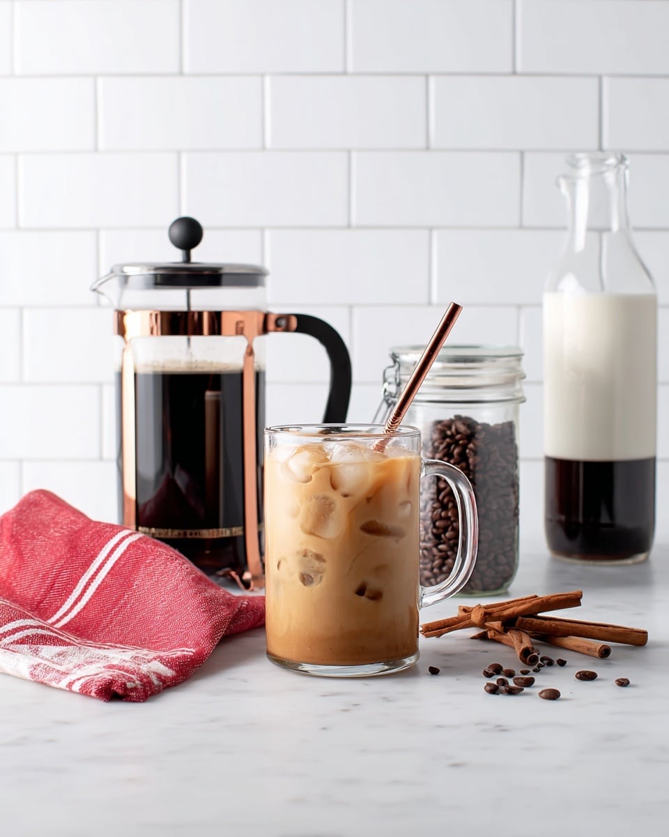 A clear glass mug filled with iced coffee showing a light brown creamy color with ice cubes floating inside, next to a copper straw sticking out, is placed on a white marbled surface. Behind it, there is a French press filled halfway with dark black coffee, a small clear pitcher with white milk, a clear jar full of coffee beans with a white lid, and a tall clear glass bottle filled halfway with black coffee. Two cinnamon sticks and a few scattered coffee beans are placed in front of the jar. A red cloth with white stripes is partially folded and lies to the left of the mug. The background features white subway tiles. Photo taken with an iphone --ar 4:5 --v 7