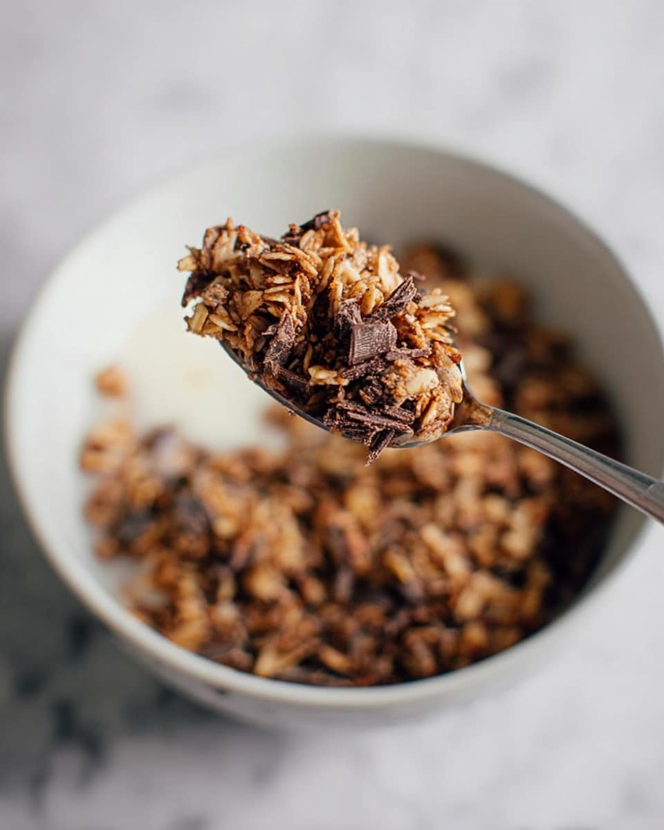 A close-up of a spoon holding a mix of toasted granola with visible oats, coconut flakes, and chocolate bits, showing crunchy texture and caramelized brown colors with hints of cream and dark spots. The spoon is above a white bowl filled with the same granola mix, which has a layered look of oats and chocolate pieces in varied browns. The background is a white marbled surface, the overall look is simple and natural. photo taken with an iphone --ar 4:5 --v 7