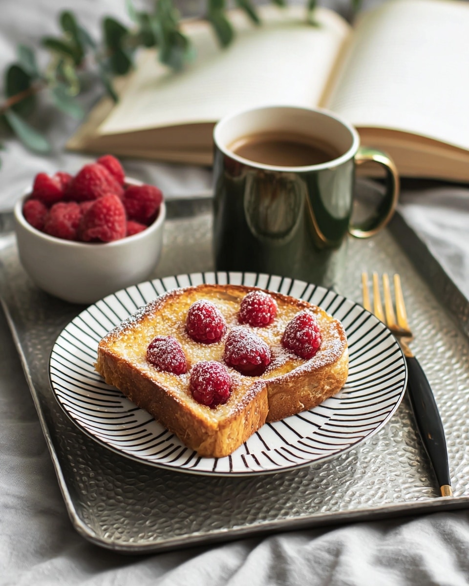 A white plate with black diagonal stripes holds a single thick slice of toasted bread that has a golden brown crust and soft yellow inside. The toast is topped with five whole red raspberries spaced out evenly, sprinkled lightly with white powdered sugar. To the left of the plate, there is a small white bowl filled with fresh red raspberries, textured and bright. Behind the bowl, a green cup with a shiny finish contains brown coffee. The toast, bowl, and cup are all arranged on a silver textured tray. To the right of the plate, there is a black fork with a gold handle. In the blurred background, there is an open book and a few green sprigs resting on a white marbled surface. photo taken with an iphone --ar 4:5 --v 7