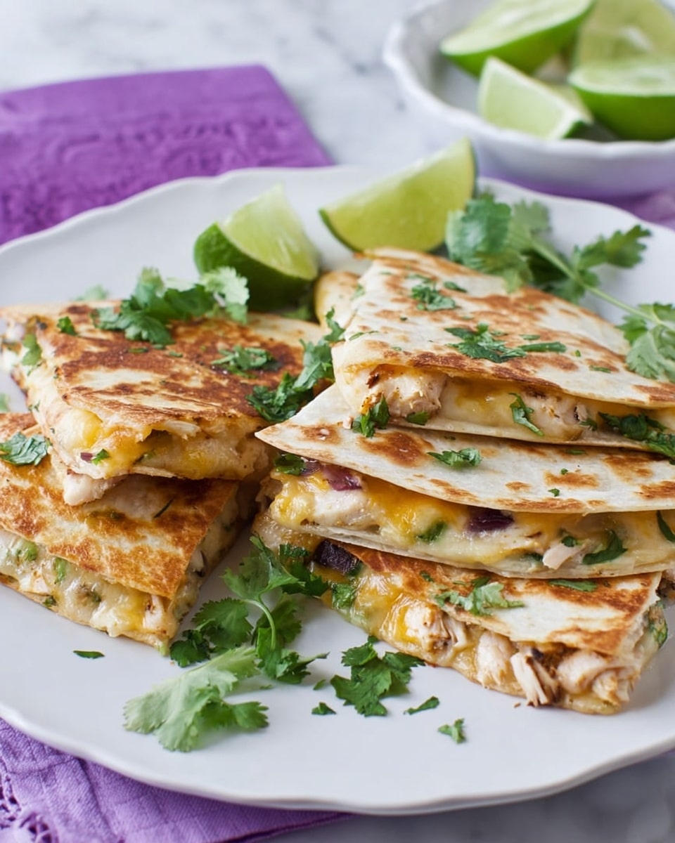 The image shows a white plate with several golden-brown quesadilla slices stacked on top of each other. Each quesadilla is cut into triangular shapes with a slightly crispy, toasted outer layer and a soft interior filled with visible pieces of chicken and melted cheese mixed with green herbs. The quesadillas are garnished with fresh, light green cilantro leaves on top and around the plate. There are also small lime wedges placed near the quesadilla, adding a fresh and vibrant touch. The background features a white marbled surface with a blurred stack of lime slices and a purple cloth napkin underneath a white dish. photo taken with an iphone --ar 4:5 --v 7