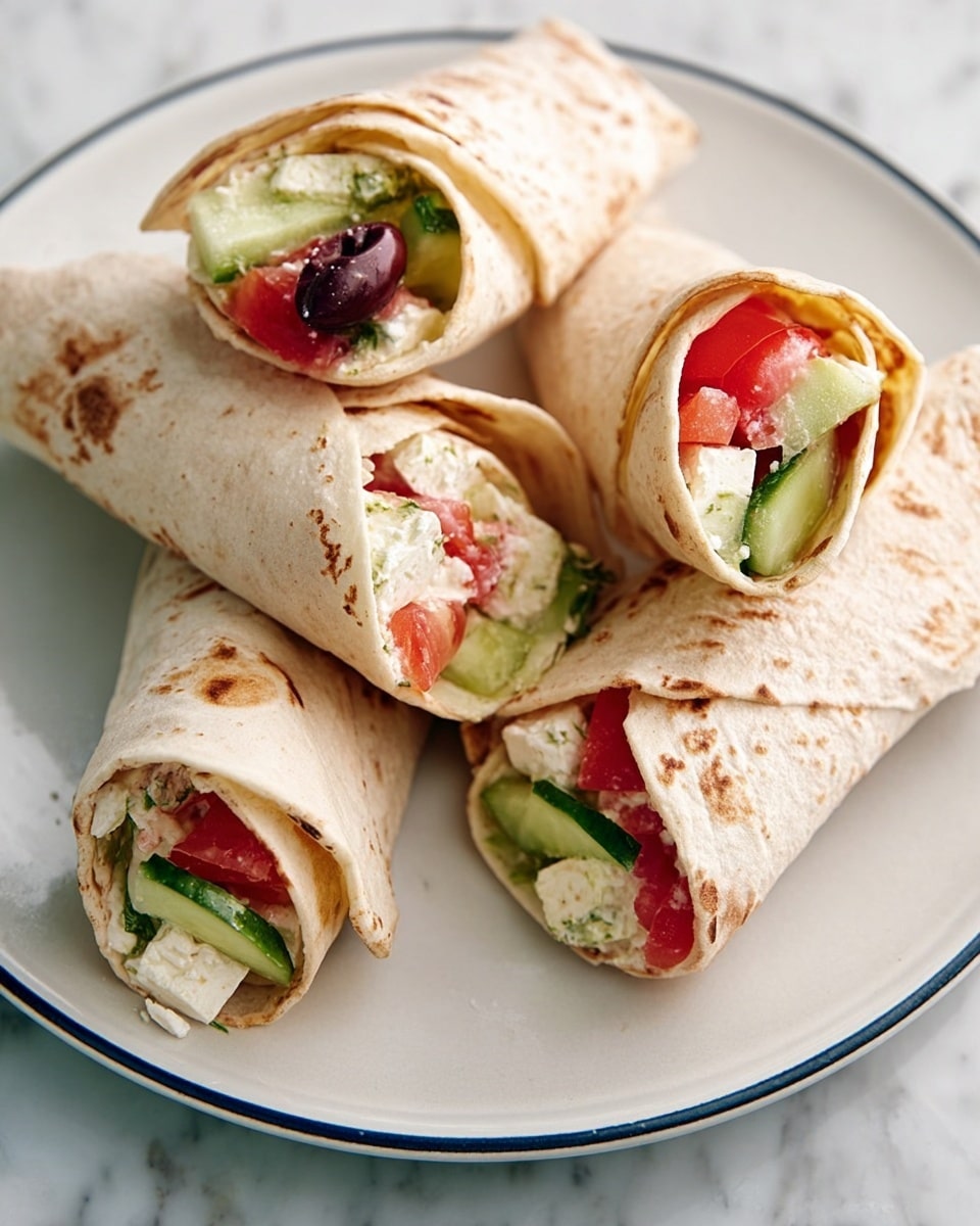 Four small wraps are placed on a white plate with a thin blue rim, sitting on a white marbled surface. Each wrap is made with a soft, slightly browned flatbread, rolled to hold the colorful filling. The fillings are clearly visible at the open ends, showing chunks of bright red tomato, green cucumber slices, creamy white cheese, and small dark purple olives. The wraps are positioned in a casual arrangement, with two facing the viewer and two tilted slightly sideways, highlighting the fresh ingredients inside. Photo taken with an iphone --ar 4:5 --v 7