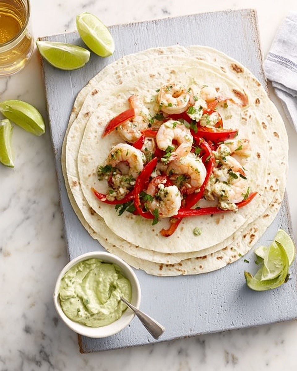 The image shows three soft white tortillas stacked on top of each other on a light gray cutting board placed on a white marbled surface. On the top tortilla, there is a layer of cooked shrimp mixed with thin strips of red bell pepper and small bits of green herbs scattered evenly. Around the cutting board, there are lime wedges on the top left side, a short glass of beer on the far left, and a small white bowl filled with creamy green sauce on the bottom left, next to a silver spoon. Photo taken with an iphone --ar 4:5 --v 7