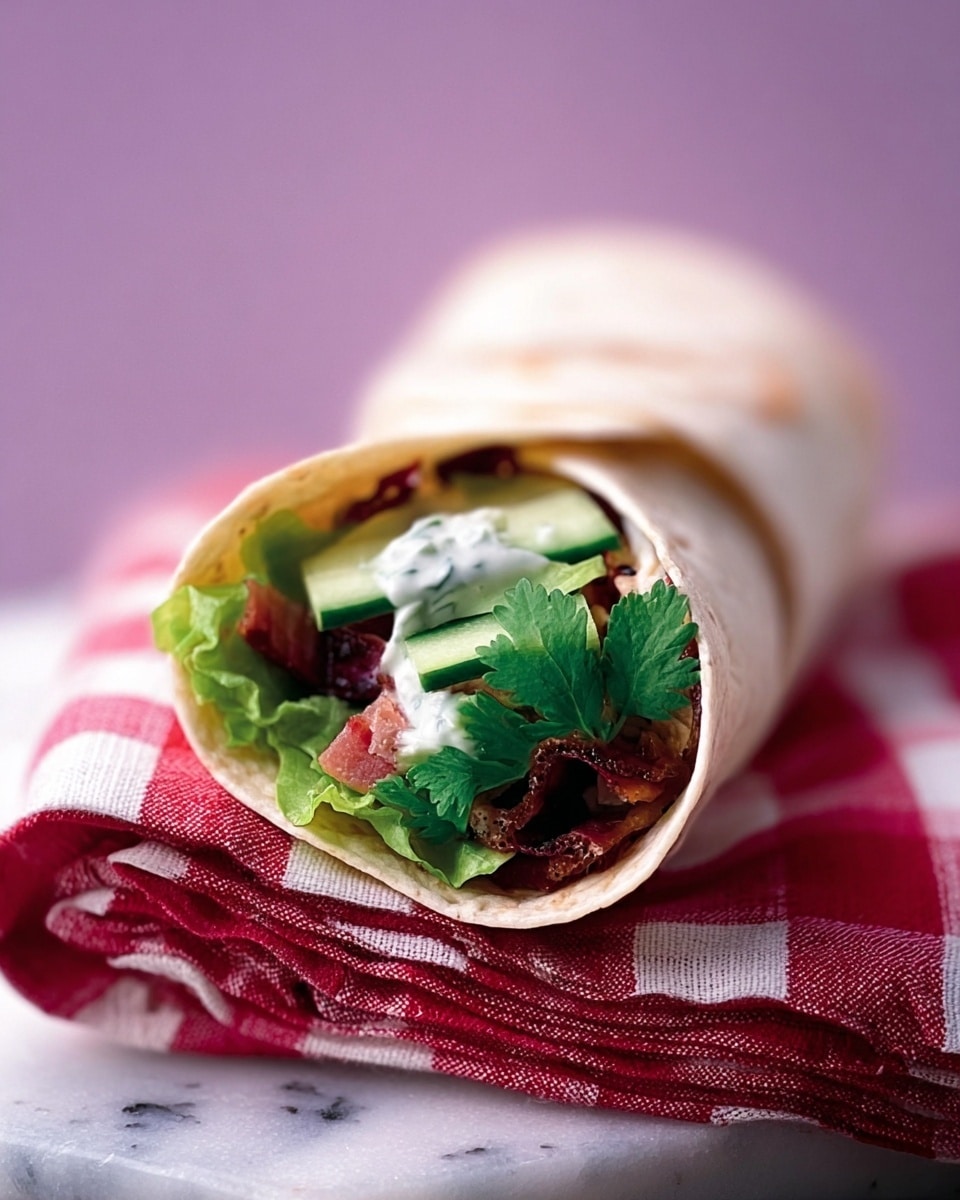 A close-up view of a tortilla wrap placed on a red and white checkered cloth, resting on a white marbled surface. The wrap is rolled with several visible layers: the outer soft, light beige tortilla, inside containing fresh green lettuce leaves, a strip of dark green cucumber, bright green cilantro leaves, small pieces of reddish-brown cooked meat or beans, and a dollop of white creamy sauce. The ingredients create a mix of soft and leafy textures, with the colors ranging from green to reddish-brown against the pale tortilla. The background is softly blurred in pastel purple tones. Photo taken with an iphone --ar 4:5 --v 7