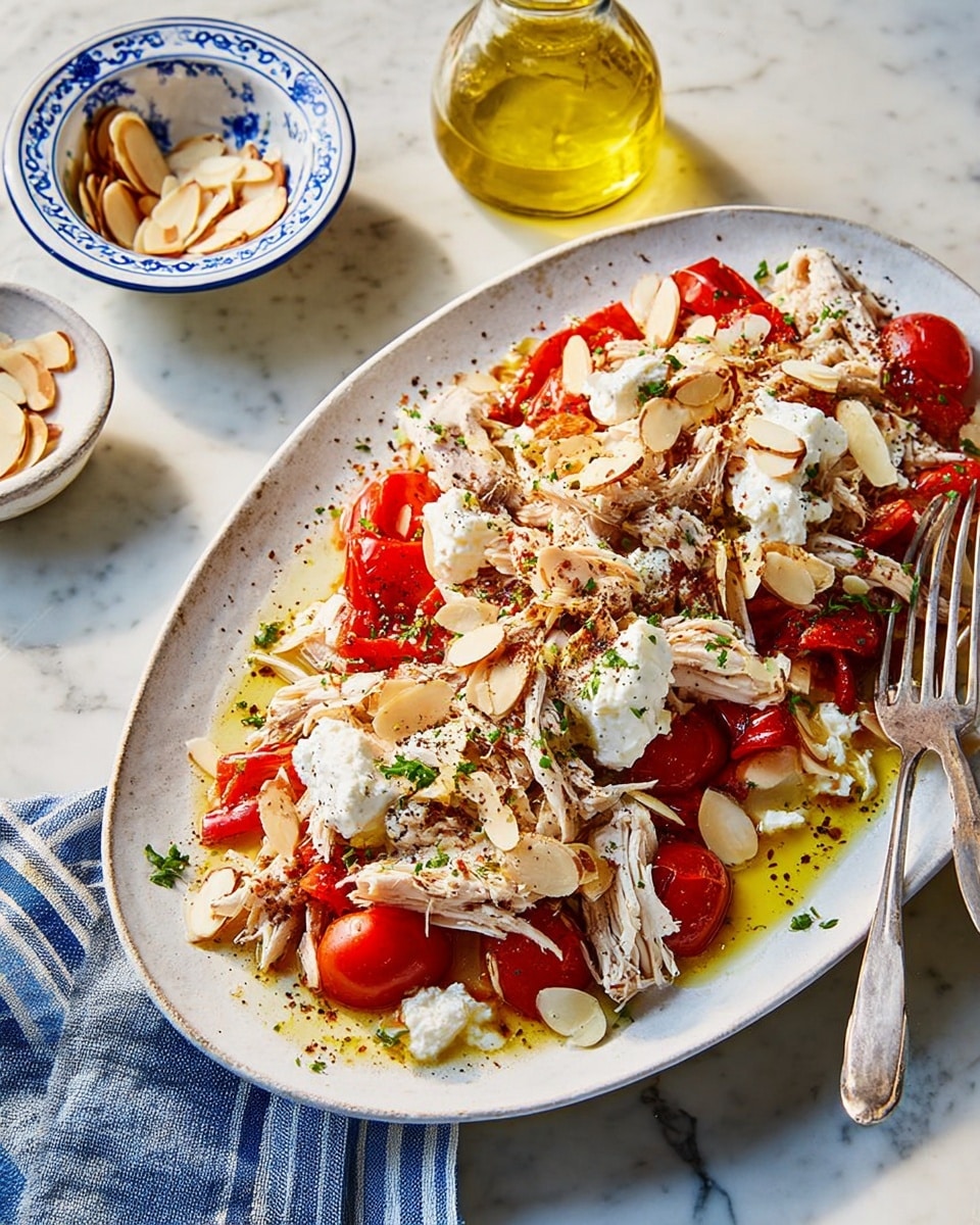 A white ceramic oval plate sits on a white marbled surface. On the plate, shredded cooked chicken forms the base layer with its light brown and white tones. Scattered on top are bright red roasted pepper slices, soft white dollops of cheese, and flat tan almond slices adding texture. Small brown anchovy fillets are layered over the chicken and peppers. Everything is drizzled with golden olive oil and sprinkled with finely chopped green herbs and black pepper dots. A silver spoon and fork rest on the plate's edge. Next to the plate, a small white bowl with blue patterns holds more almond slices. A striped blue cloth lies beside the plate. A glass of yellow olive oil is in the background. photo taken with an iphone --ar 4:5 --v 7