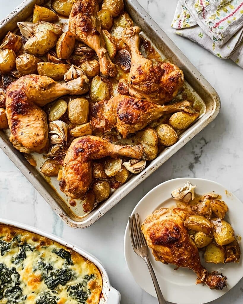 Roast Chicken with Crispy New Potatoes and Cheesy Creamed Spinach Recipe