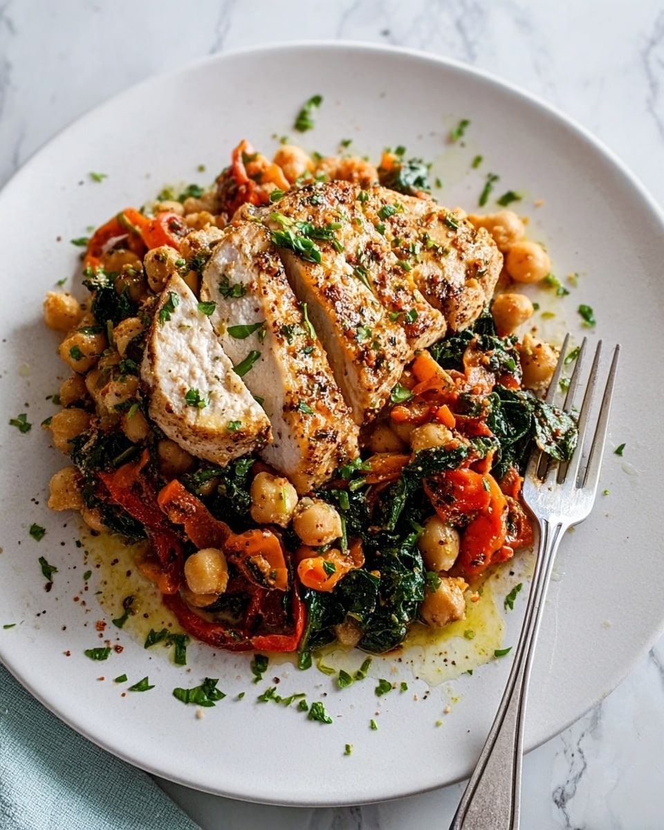This dish is served on a white plate placed on a white marbled surface. It has a base layer of chickpeas mixed with wilted spinach, sautéed orange and red bell peppers, and onions, creating a colorful mix of orange, green, and light brown shades with a soft texture. On top of this base sits a layer of sliced cooked chicken breast, seasoned with black pepper and herbs, showing a light beige color with a slightly crispy texture on the edges. The dish is garnished with finely chopped fresh green herbs and a drizzle of light olive oil around the plate, adding shine and freshness. A silver fork is placed to the right side on the plate, slightly resting on the food. Photo taken with an iphone --ar 4:5 --v 7