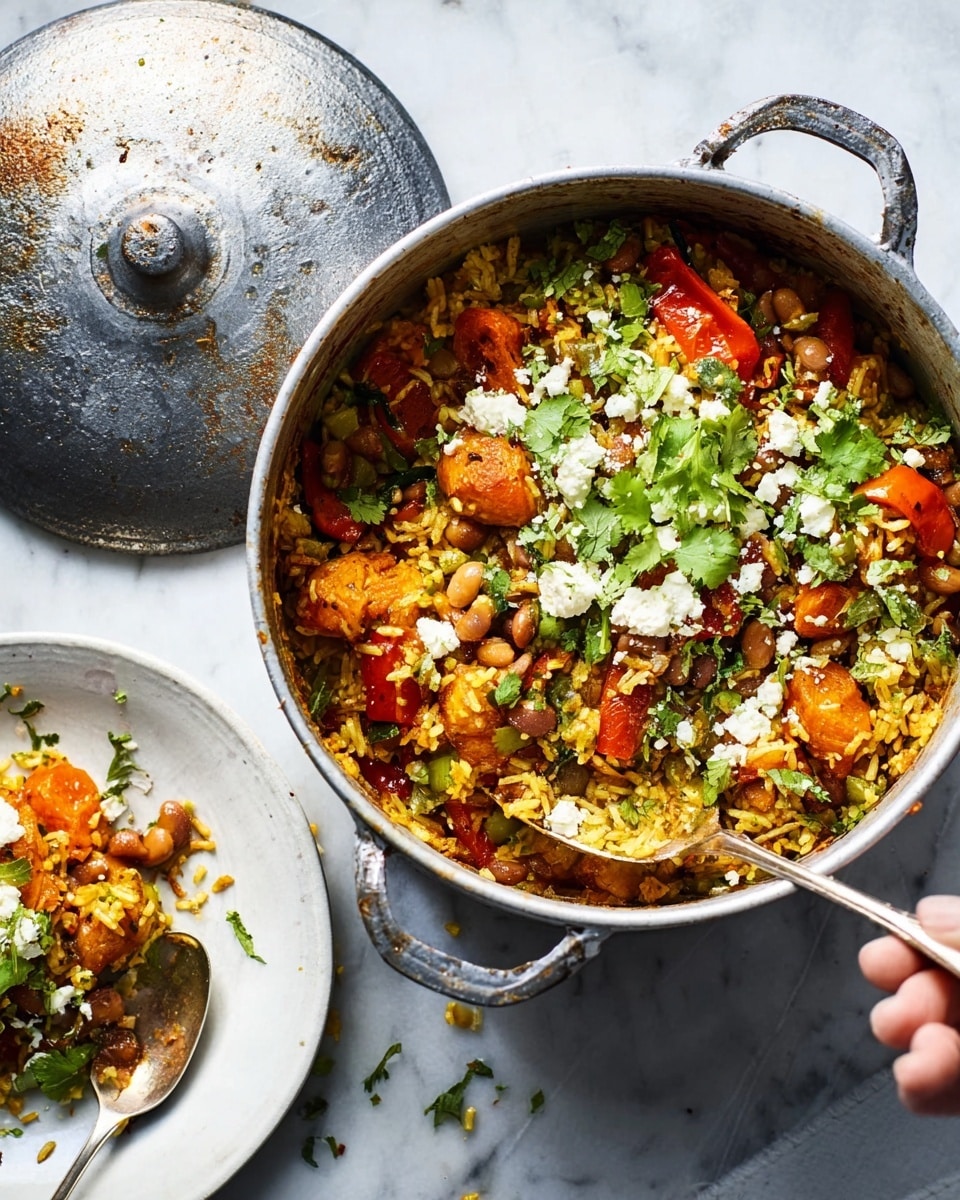 A round metal pot filled with a colorful layered dish sits on a white marbled surface. The bottom layer is made of cooked yellow rice mixed with beans and small green herbs. On top, there are bright orange roasted carrots and red roasted bell peppers scattered throughout. The dish is garnished with crumbled white cheese and fresh green cilantro leaves. A woman's hand can be seen holding a spoon near a white plate with a small portion of the same dish, showing the soft texture of the vegetables and rice. The pot’s lid is partially open and rests next to it, with bits of food scattered nearby. Photo taken with an iphone --ar 4:5 --v 7
