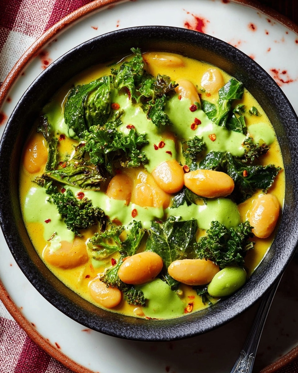 A black bowl filled with a creamy yellow curry sauce as the base layer, dotted with large, smooth, light orange beans and bright green kale leaves scattered throughout. On top, there are uneven dollops of a lighter green sauce adding fresh contrast, along with small scattered red seeds or spices. The bowl rests on a white plate with red speckles, all placed on a white marbled table with a checkered cloth nearby. The scene is bright and colorful, showing texture in the creamy sauce and fresh kale leaves. photo taken with an iphone --ar 4:5 --v 7