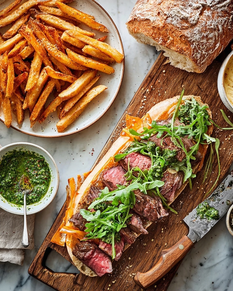 The image shows an open sandwich on a wooden board with two main layers: the bottom layer is light golden toasted bread, topped with medium-rare beef slices that have a pink center and browned edges, drizzled with green herb sauce and light orange creamy sauce, along with fresh green arugula leaves scattered on top. Next to the sandwich is a whole loaf of crusty white bread with a dusting of flour on top. To the left, there is a white plate full of golden brown, crispy French fries with specks of black seasoning. Above the fries, a small white bowl holds a rough green pesto sauce with a silver spoon inside. The surface under all items is a white marbled texture, and a serrated knife with a wooden handle rests near the board. Photo taken with an iphone --ar 4:5 --v 7