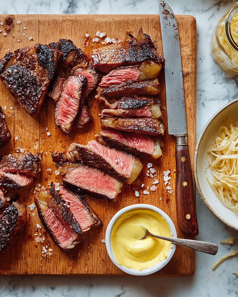 The image shows slices of medium-rare steak on a wooden cutting board, with a visible charred outer layer and pink inner layer in each slice. The steak is cut into about ten pieces, with a thick, caramelized fat edge on one side. Coarse salt crystals are sprinkled on the meat. A sharp knife with a wooden handle rests on the board near the steak. On the bottom right of the cutting board, there is a small white bowl filled with a yellow creamy sauce, with a spoon inside. To the right, on a white marbled surface, is a jar with some of the same yellow sauce and part of a white bowl with shredded light-colored food visible. photo taken with an iphone --ar 4:5 --v 7